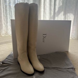 NWT Dior Off-White/Ivory Woven Leather Knee High Boots Size 38